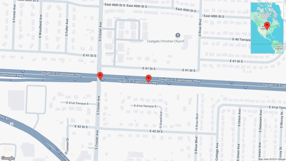 A detailed map that shows the affected road due to 'Broken down vehicle on eastbound I-70 in Independence' on September 16th at 5:31 p.m.