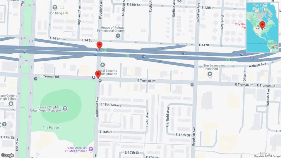 A detailed map that shows the affected road due to 'East Truman Road temporarily closed in Kansas City' on September 16th at 4:55 p.m.