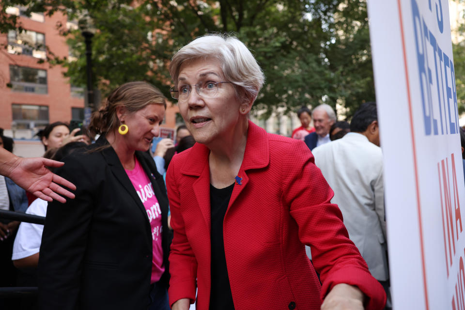 Boston, MA - September 2: Senator Elizabeth Warren prepared to take the stage during the Annual Labor Day Breakfast. (Photo by Jessica Rinaldi/The Boston Globe via Getty Images)