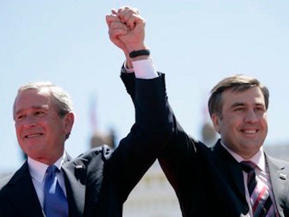 Presidents George W. Bush of the U.S. and Mikheil Saakashvili of Georgia