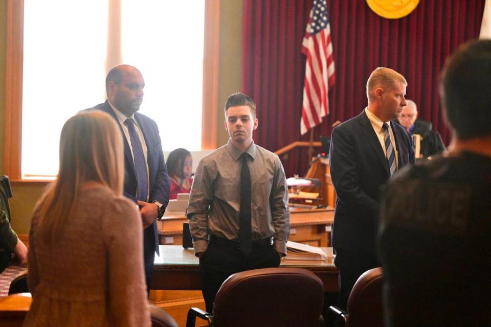 Carson David Schewe, 23, stands in Placer Superior Court in Auburn on Tuesday after being found guilty of murder for selling fentanyl-laced pills to 20-year-old Kade Kristopher Webb.