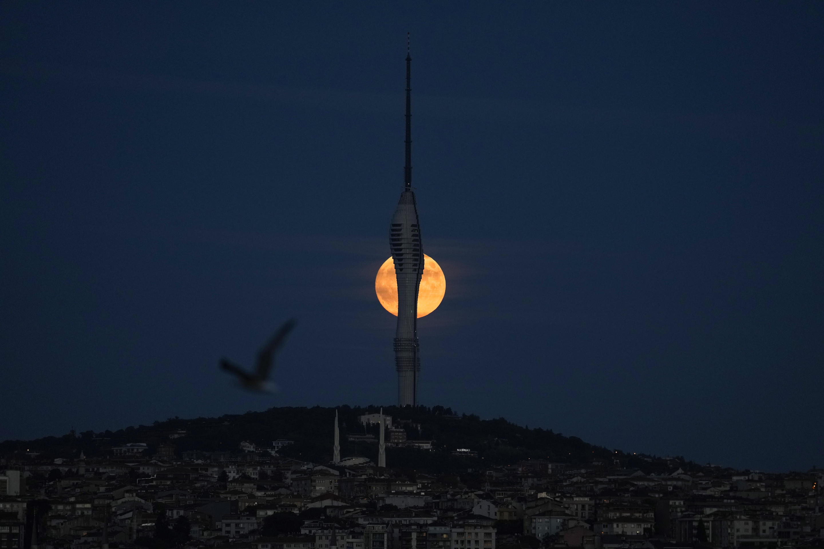 A supermoon rises behind Camlica tower in Istanbul, Turkey, Sept. 17. (Khalil Hamra/AP)