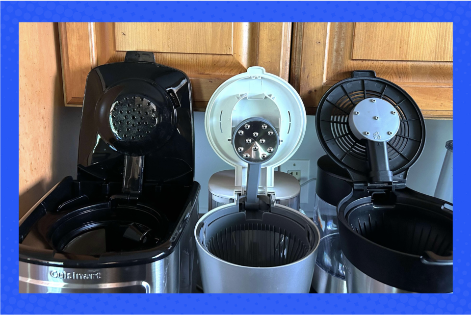 Here's a closer peek at the showerheads on different machines. Just like in an actual shower, they rain water over the coffee grounds, which means better, more even saturation.