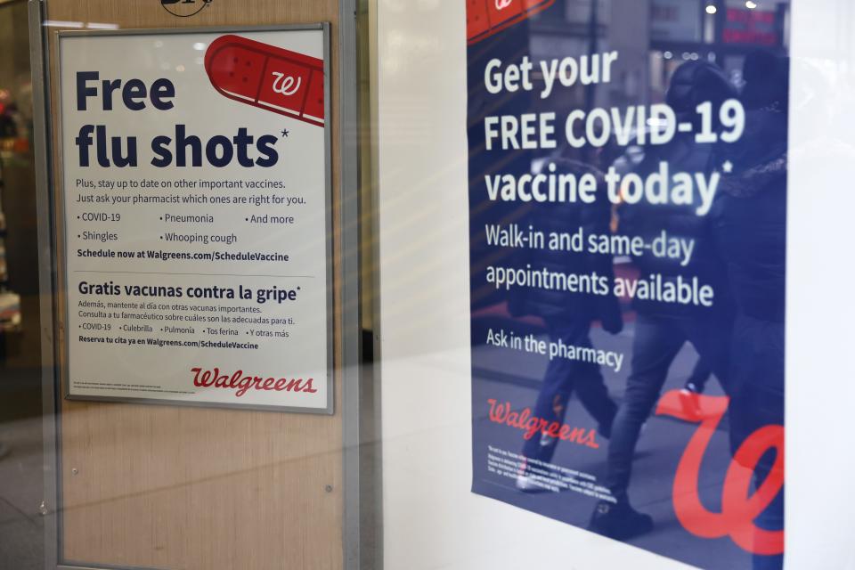 Flu and coronavirus vaccine signage is seen at a Duane Reade by on Broadway on January 05, 2023 in New York City. Walgreens Boots Alliance reported their first-quarter earnings beating estimates from Wall Street amid an early flu season that boosted the demand for cough and cold medicine.