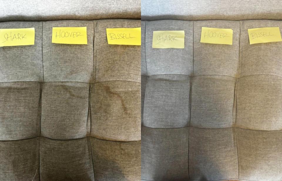 A before and after photo of a dirty couch and clean couch. 