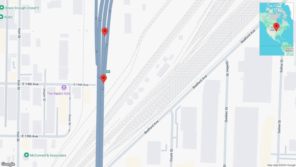 A detailed map that shows the affected road due to 'Broken down vehicle on northbound I-29/I-35 in North Kansas City' on September 19th at 3:55 p.m.