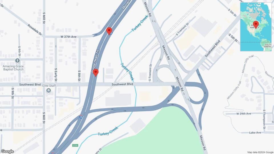 A detailed map that shows the affected road due to 'Broken down vehicle on northbound I-35 in Kansas City' on September 19th at 9:43 p.m.