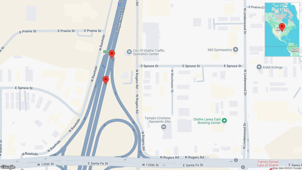 A detailed map that shows the affected road due to 'Broken down vehicle on eastbound I-35 in Olathe' on September 19th at 4:19 p.m.