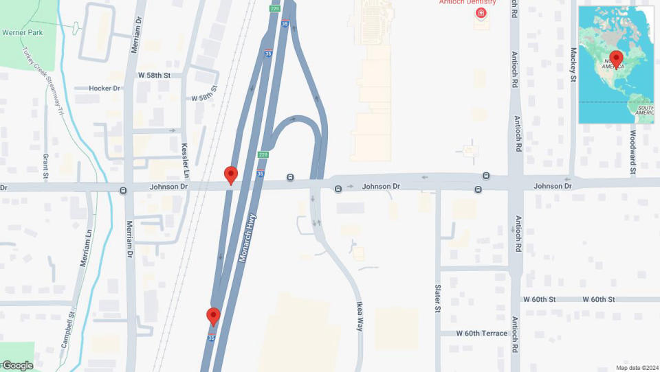 A detailed map that shows the affected road due to 'Interstate 35 temporarily closed in Merriam' on September 19th at 9:01 p.m.