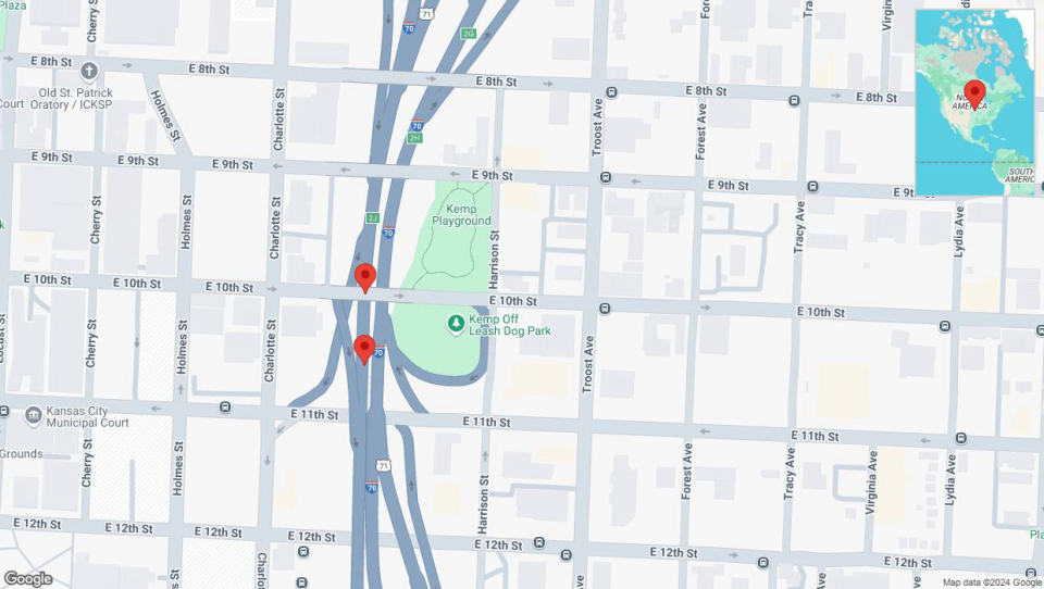 A detailed map that shows the affected road due to 'Broken down vehicle on eastbound I-70 in Kansas City' on September 19th at 7:43 p.m.