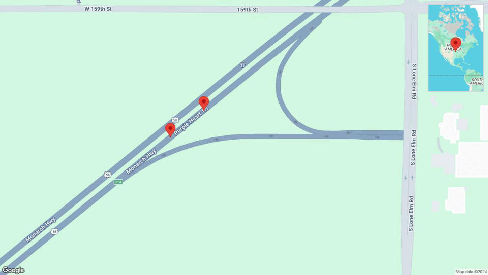 A detailed map that shows the affected road due to 'Broken down vehicle on eastbound I-35 in Olathe' on September 19th at 2:19 p.m.