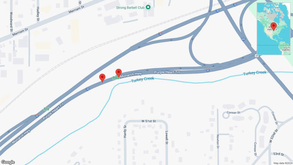 A detailed map that shows the affected road due to 'Broken down vehicle on northbound I-35 in Mission' on September 20th at 9:13 p.m.