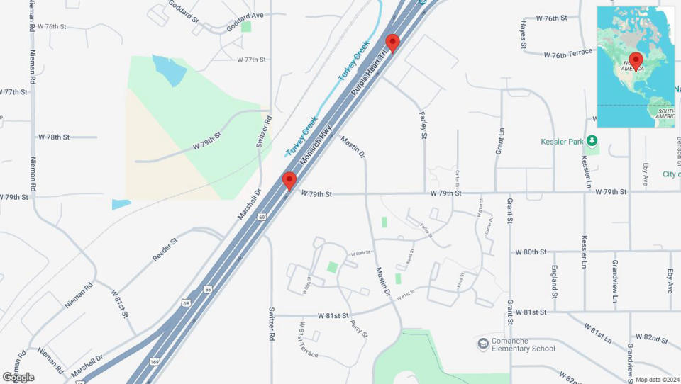 A detailed map that shows the affected road due to 'Broken down vehicle on East Frontage Road in Overland Park' on September 20th at 5:26 p.m.