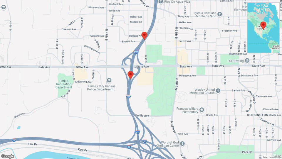 A detailed map that shows the affected road due to 'Lane on I-635 closed in Kansas City' on September 20th at 11:23 p.m.