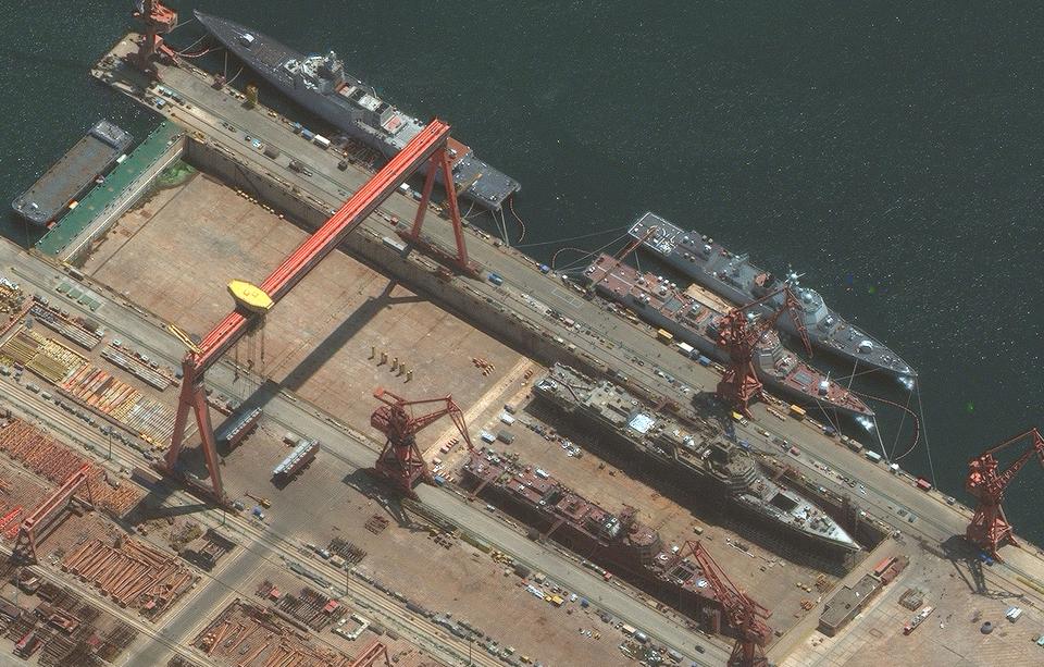 A satellite image shows warships being built in Dalian Shipyard in China.