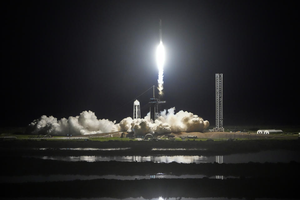 A SpaceX Falcon 9 rocket with a crew of four lifts off from pad 39A at the Kennedy Space Center in Cape Canaveral, Fla., Tuesday, Sept. 10, 2024. (AP Photo/John Raoux)