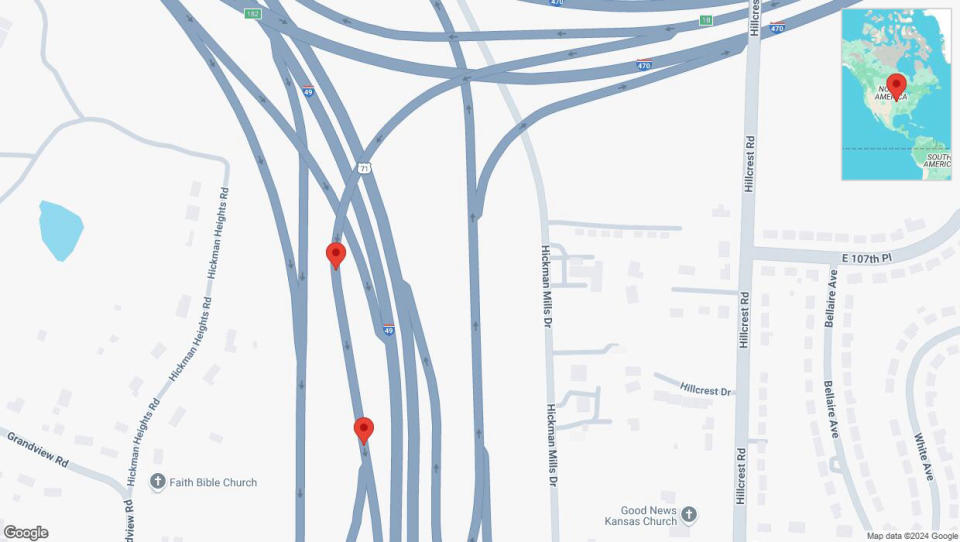 A detailed map that shows the affected road due to 'Broken down vehicle on Hickman Heights Road in Kansas City' on September 22nd at 11:06 p.m.