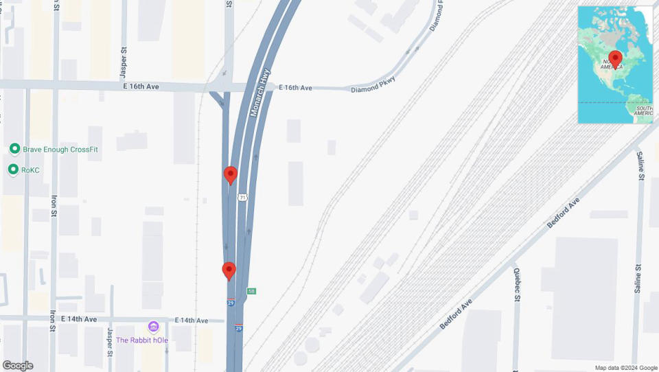 A detailed map that shows the affected road due to 'Broken down vehicle on southbound I-29/I-35 in Kansas City' on September 22nd at 5:57 p.m.