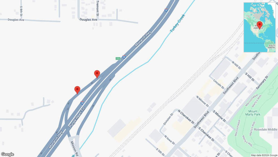 A detailed map that shows the affected road due to 'Broken down vehicle on Custer Avenue in Kansas City' on September 22nd at 4:40 p.m.