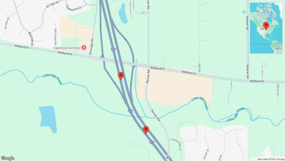 A detailed map that shows the affected road due to 'Lane on I-435 closed in Shawnee' on September 22nd at 9:26 p.m.