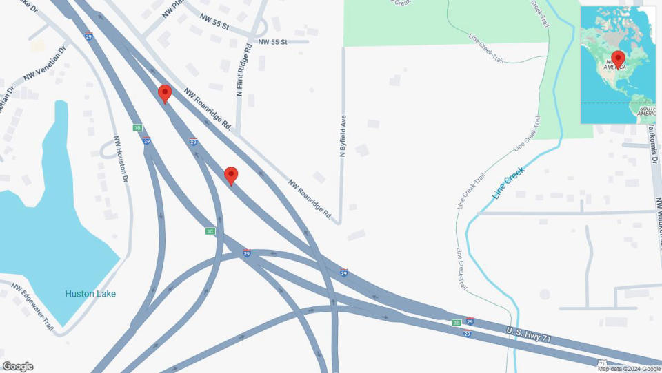 A detailed map that shows the affected road due to 'Broken down vehicle on northbound I-29 in Kansas City' on September 22nd at 5:09 p.m.