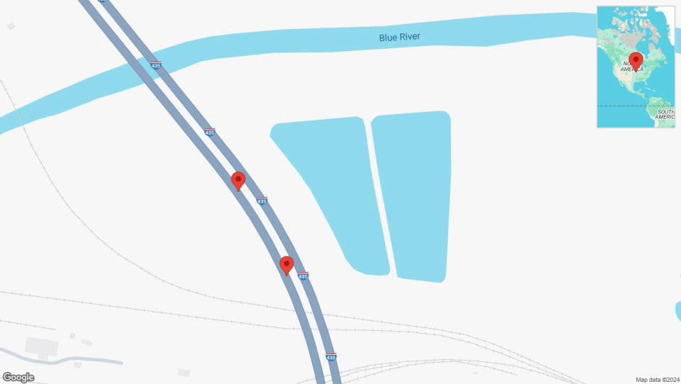 A detailed map that shows the affected road due to 'Broken down vehicle on southbound I-435 in Independence' on September 22nd at 8:38 p.m.