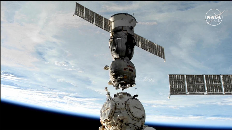 The Soyuz MS-25/71S spacecraft carrying commander Oleg Kononenko, Nikolai Chub and NASA astronaut Tracy Dyson undocked from the International Space Station early Monday as the two spacecraft were passing 260 miles above eastern Mongolia. / Credit: NASA