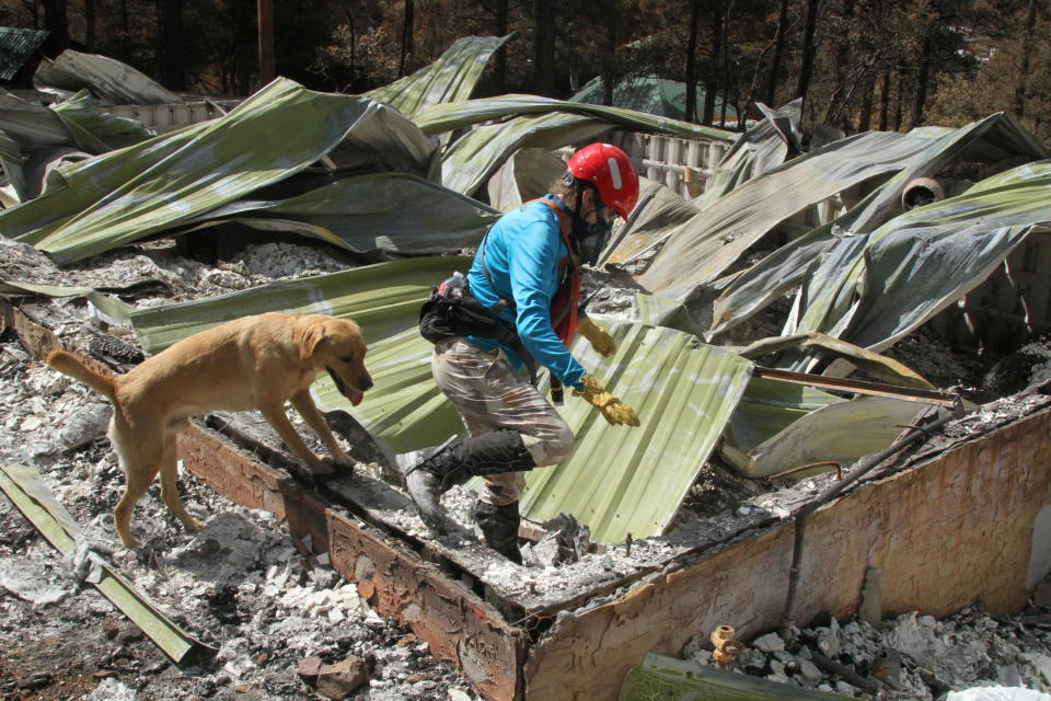 A Federal Emergency Management Agency worker searches a burned property after the South Fork and Salt wildfires