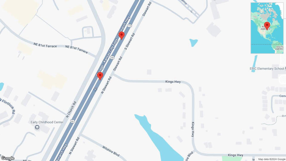 A detailed map that shows the affected road due to 'Crash reported on northbound I-35 in Kansas City' on September 24th at 4:11 p.m.