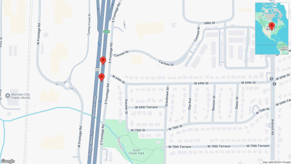 A detailed map that shows the affected road due to 'Broken down vehicle on eastbound I-35 in Overland Park' on September 24th at 5:29 p.m.