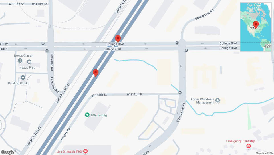 A detailed map that shows the affected road due to 'Warning: Crash on eastbound I-35 in Lenexa' on September 24th at 7:29 p.m.