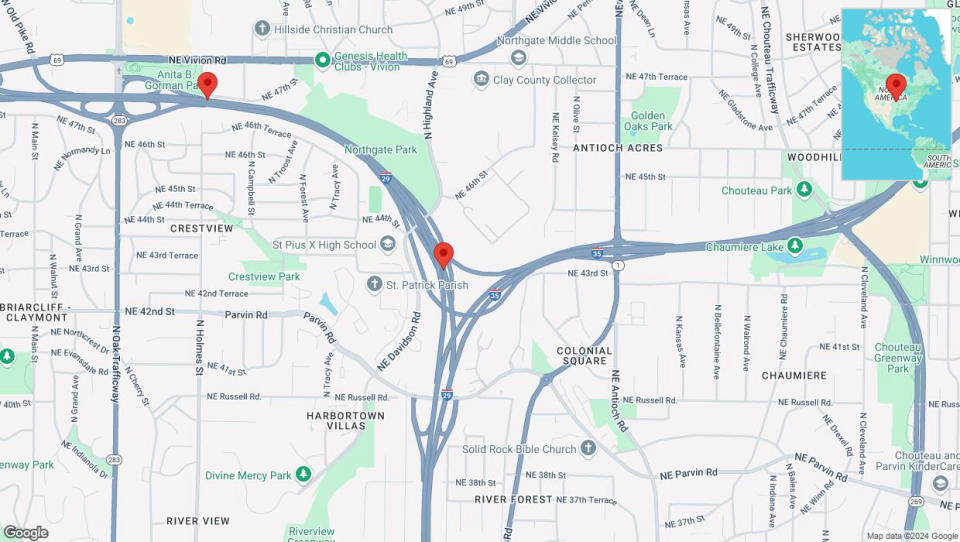 A detailed map that shows the affected road due to 'Heavy rain prompts traffic advisory on northbound I-29 in Kansas City' on September 24th at 7:05 p.m.