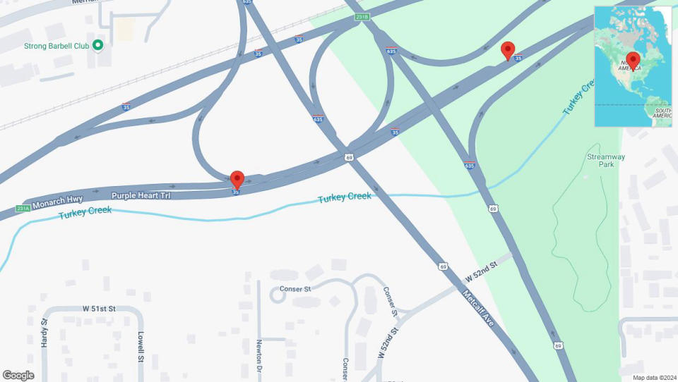 A detailed map that shows the affected road due to 'I-35 closed in Mission' on September 25th at 12:05 a.m.