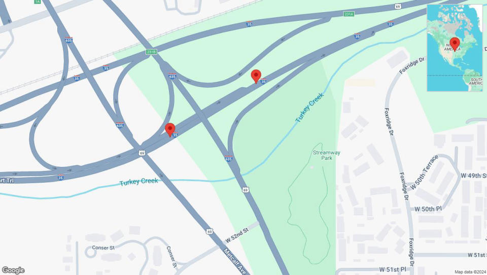 A detailed map that shows the affected road due to 'I-35 temporarily closed in Mission' on September 24th at 10:35 p.m.