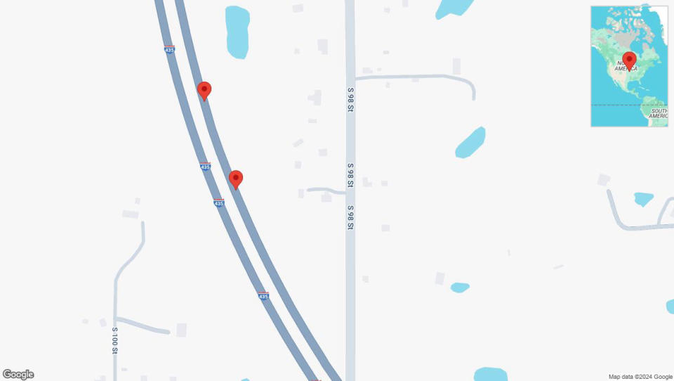 A detailed map that shows the affected road due to 'Broken down vehicle on northbound I-435 in Edwardsville' on September 24th at 7:41 p.m.