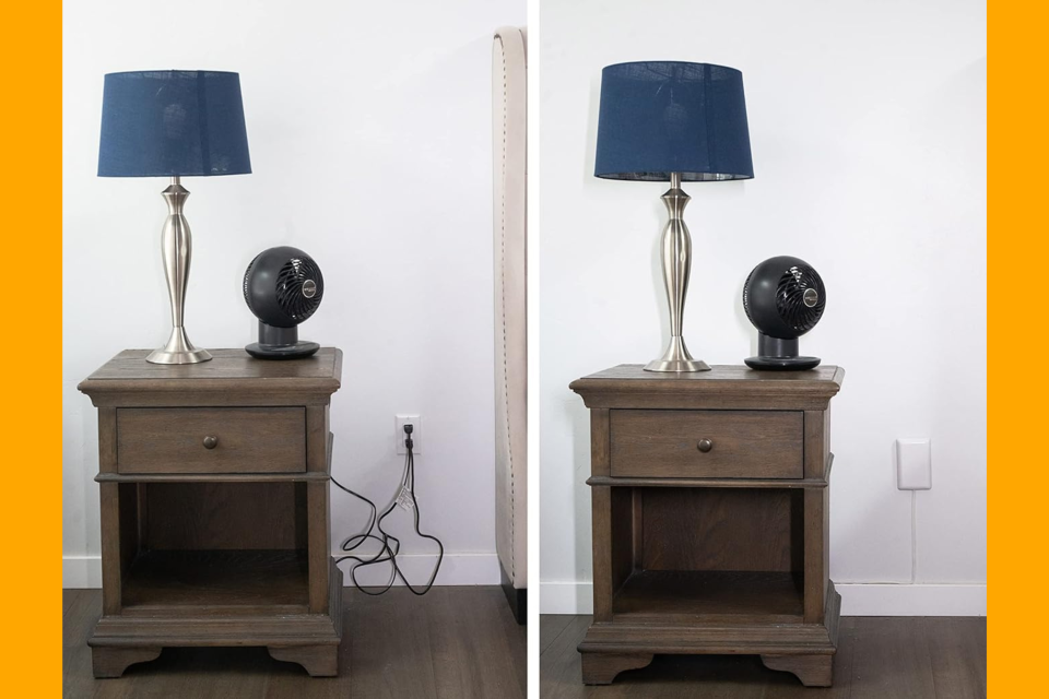 Before and after photos showing a nightstand with unsightly cords plugged into an outlet next to it, and the same nightstand next to the neater-looking Sleek Socket