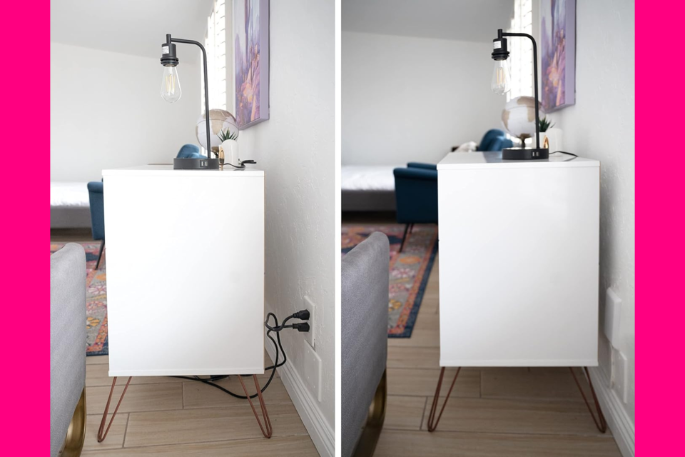 Before and after photos showing an end table placed away from the wall because of cords sticking out, and the same end table placed flush against the wall, thanks to the Sleek Socket