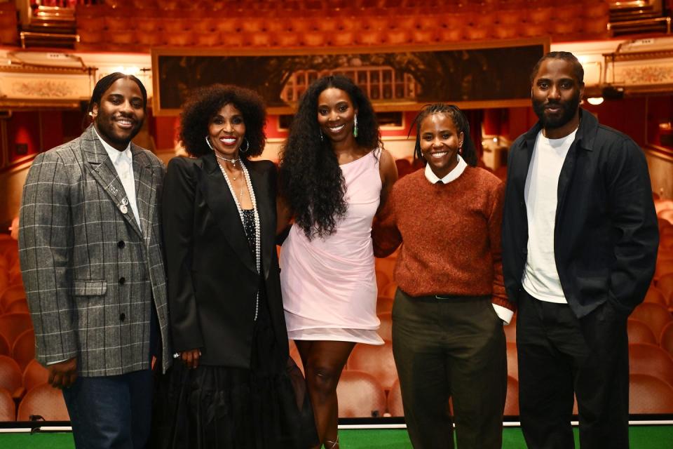 london, england july 10 l to r malcolm washington, pauletta washington, cast member olivia washington, katia washington and john david washington pose backstage following the press night performance of slave play at the noel coward theatre on july 10, 2024 in london, england photo by jed cullendave benettgetty images