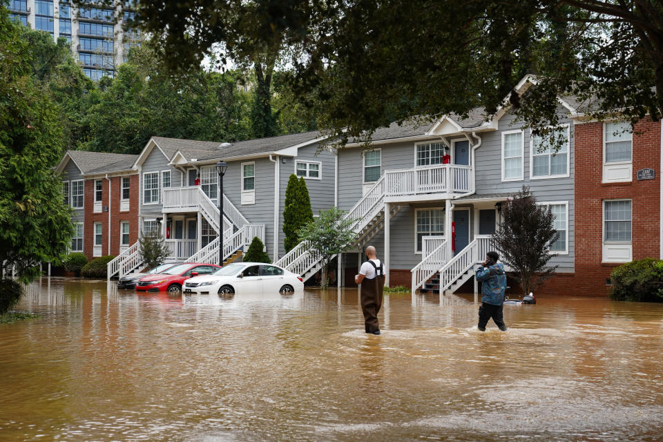 An apartment building can be seen flooded after Hurricane Helene brought in heavy rains overnight on Sept. 27 in Atlanta.