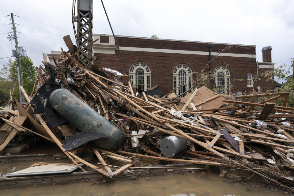 Storm damage in Biltmore Village in the aftermath of Hurricane Helene on Sept. 28 in Asheville, N.C.