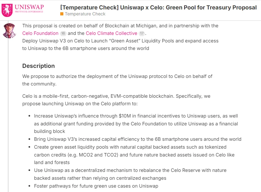 Uniswap and Celo: Green Pool for Treasury Proposal