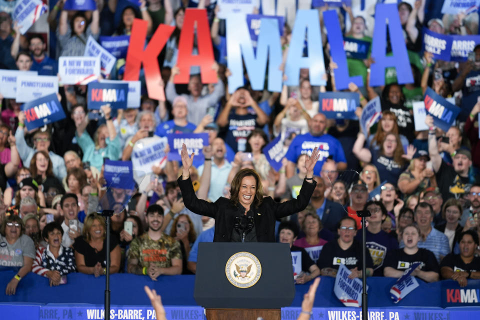 Democratic presidential nominee Vice President Kamala Harris speaks during a campaign event, Friday, Sept. 13, 2024, Wilkes-Barre, Pa. (AP Photo/Matt Rourke)