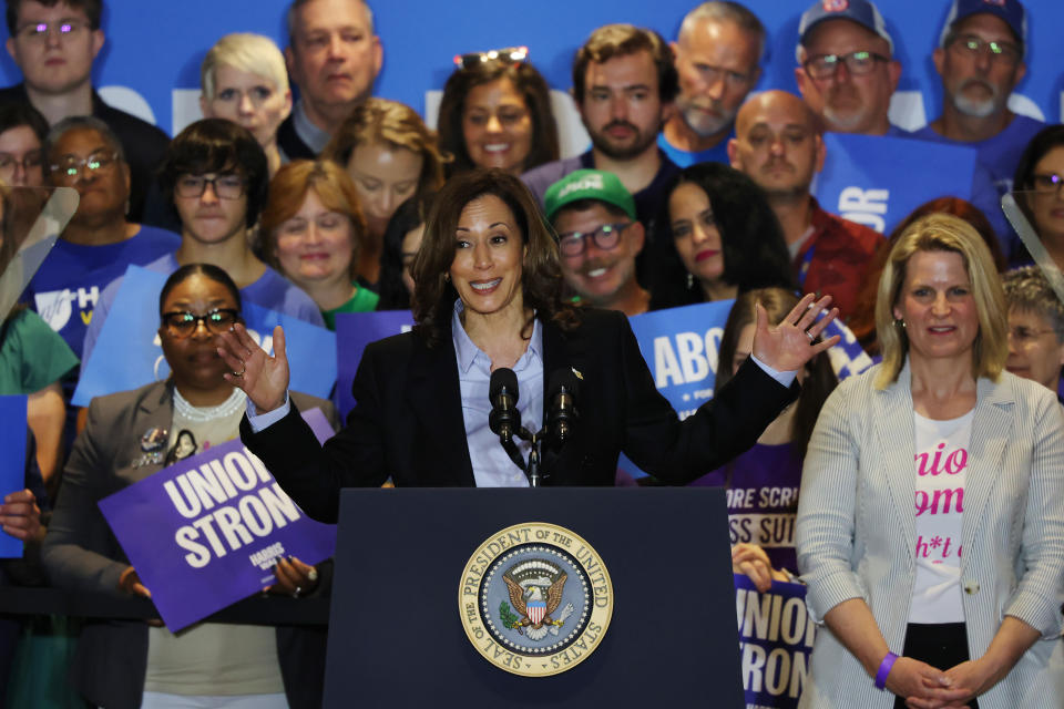 PITTSBURGH, PENNSYLVANIA - SEPTEMBER 02: Democratic presidential nominee, U.S. Vice President Kamala Harris speaks during a campaign event at IBEW Local Union #5 on September 02, 2024 in Pittsburgh, Pennsylvania. President Joe Biden joined Vice President Harris for her second Labor Day event, for the first time on the campaign trail since he departed the Democratic ticket and Harris was confirmed as the Democratic Party's nominee for the 2024 presidential election against Republican presidential nominee, former U.S. President Donald Trump. The event was attended by members of the IBEW,United Steelworkers, AFSCME, and other unions.  (Photo by Michael M. Santiago/Getty Images)