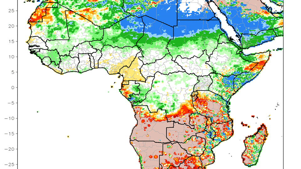 Rainfall departures from normal are depicted. Blues area areas where 400 to more than 600% of typical rainfall has fallen from mid-July to early September. White areas indicate near-normal precipitation and yellow, orange and red areas indicate below-normal precipitation. - NOAA's Climate Prediction Center