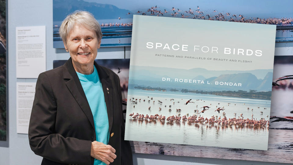  Former Canadian astronaut Roberta Bondar poses with her photos of the lesser flamingo, part of the AMASS (Avian Migration Aerial, Surface, Space) research project and her newly-released book, "Space for Birds: Patterns and Parallels of Beauty and Flight.". 