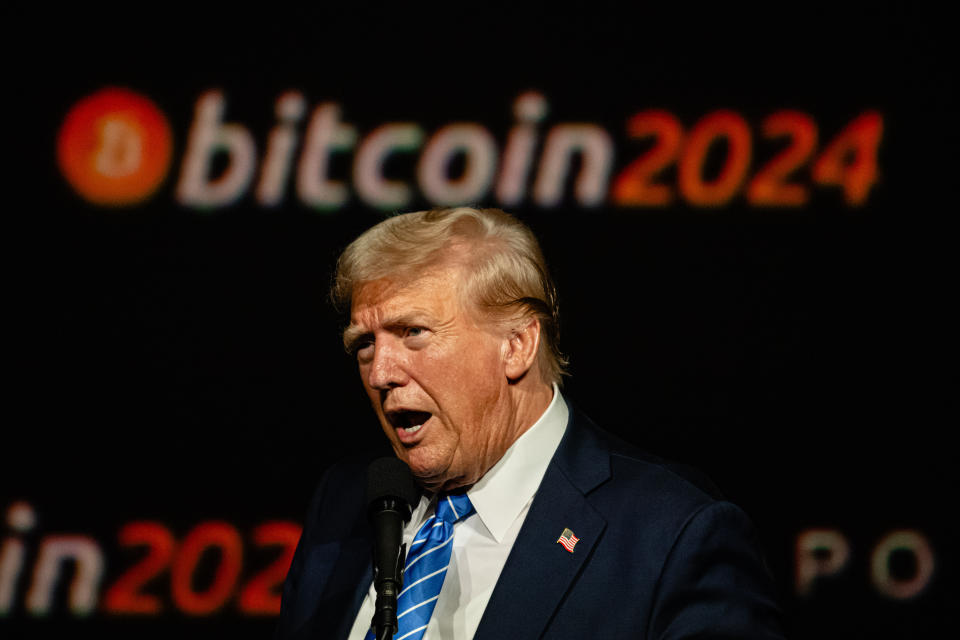 NASHVILLE, TENNESSEE - JULY 27: Former President and 2024 Republican presidential candidate Donald Trump gives a keynote speech on the third day of the Bitcoin 2024 conference at Music City Center July 27, 2024 in Nashville, Tennessee. The conference, which is aimed at bitcoin enthusiasts, features multiple vendor and entertainment spaces and seminars by celebrities and politicians. (Photo by Jon Cherry/Getty Images)