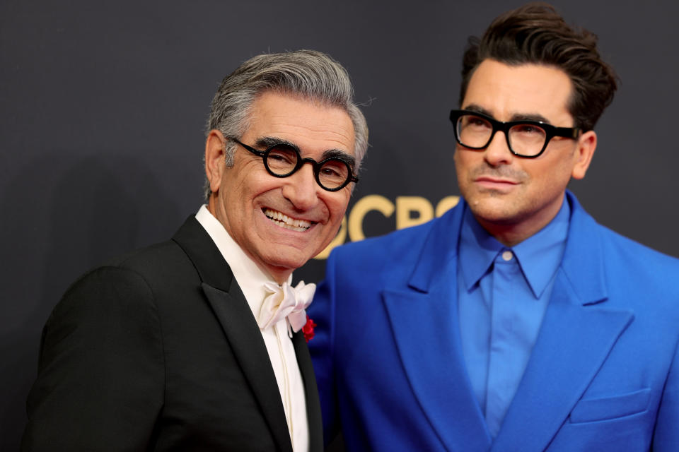 LOS ANGELES, CALIFORNIA - SEPTEMBER 19: (L-R) Eugene Levy and Dan Levy attend the 73rd Primetime Emmy Awards at L.A. LIVE on September 19, 2021 in Los Angeles, California. (Photo by Rich Fury/Getty Images)