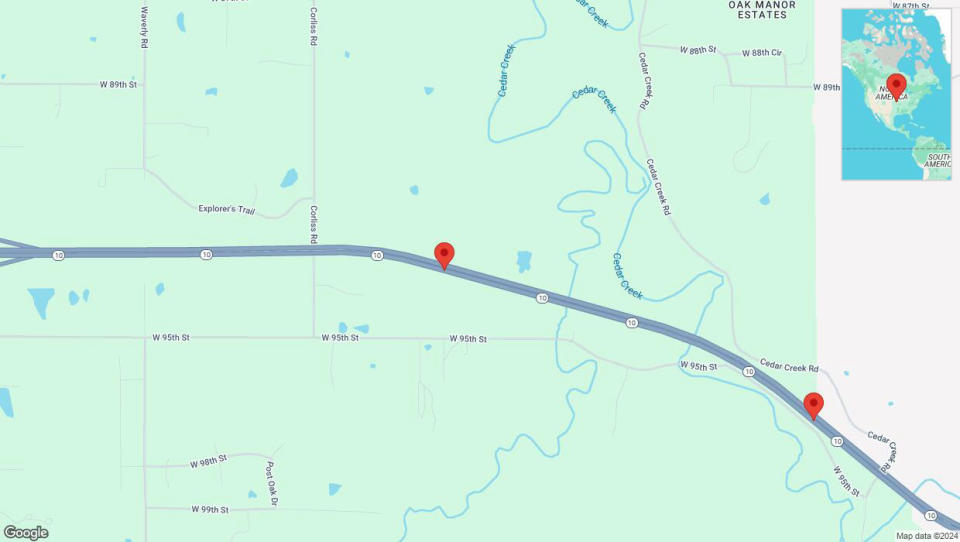 A detailed map that shows the affected road due to 'Left lane on K-10 closed in De Soto' on September 14th at 7:15 p.m.