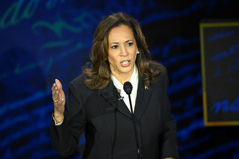 TOPSHOT - US Vice President and Democratic presidential candidate Kamala Harris speaks during a presidential debate with former US President and Republican presidential candidate Donald Trump at the National Constitution Center in Philadelphia, Pennsylvania, on September 10, 2024. (Photo by SAUL LOEB / AFP) (Photo by SAUL LOEB/AFP via Getty Images)