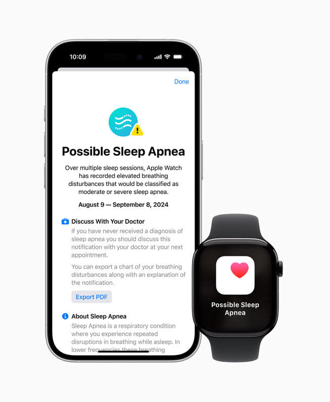 Every 30 days, Apple Watch analyzes breathing disturbance data and tells users with a consistent pattern of sleep interruptions to visit a physician for possible diagnosis. / Credit: Apple